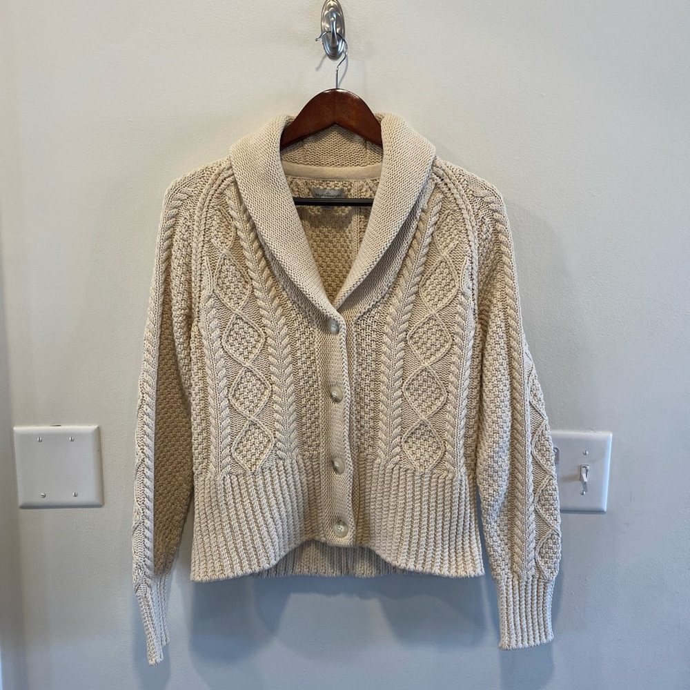 L.L.Bean women’s Signature Cotton Fisherman Sweater cardigan beige small